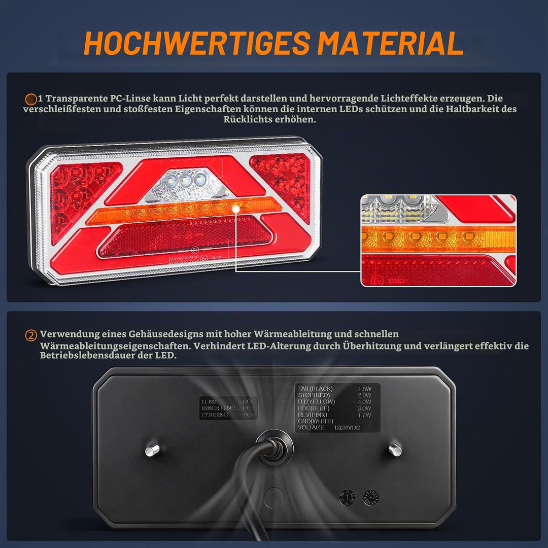 2 Stück LED Anhänger Rücklicht, 12V 24V Rückleuchten, IP67 Wasserdicht mit Fahr, Brems, Lenk, Rückfa
