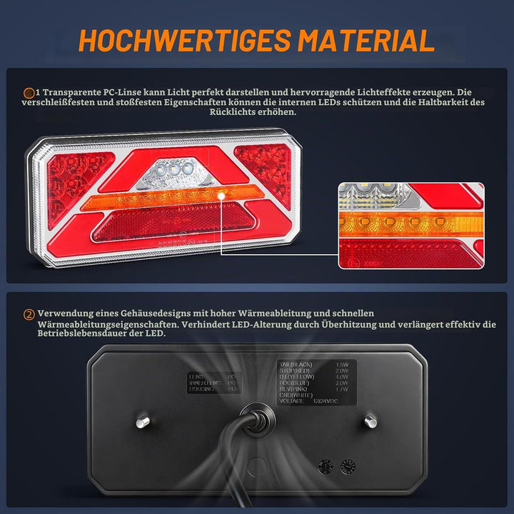 2 Stück LED Anhänger Rücklicht, 12V 24V Rückleuchten, IP67 Wasserdicht mit Fahr, Brems, Lenk, Rückfa