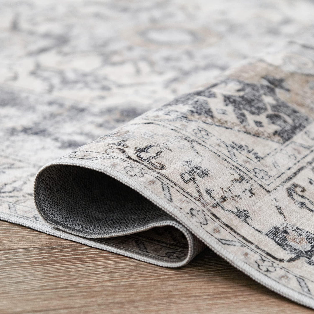 TOPICK Läufer 60x210cm Grau Flur Floral Teppich Waschbar Superdünne Faltbar Vintage Blumenteppich Ku