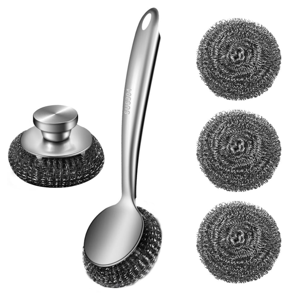 Drahtschwamm Set mit Langem Griff, 5-teilig Schrubber aus Stahlwolle, Topfreiniger aus Metalldraht f