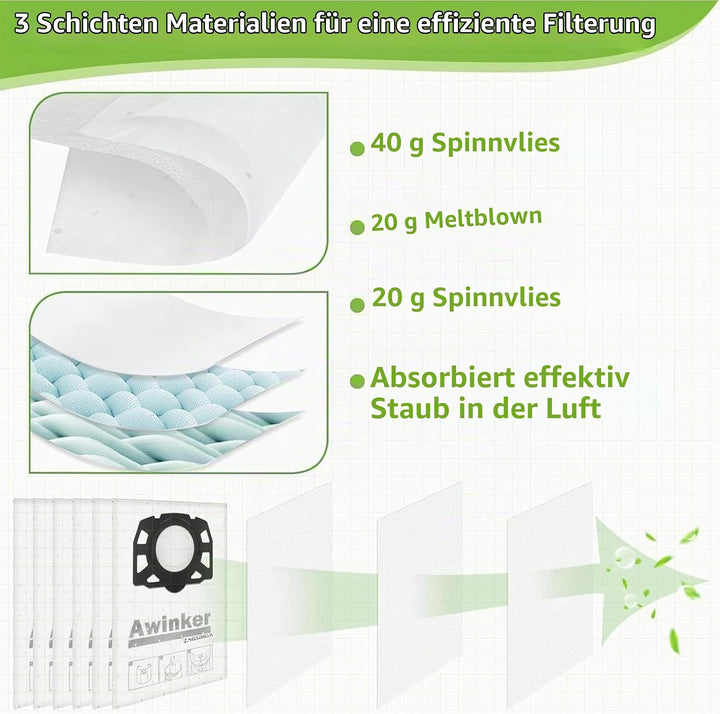 10 Stück Staubsaugerbeutel für Kärcher 2.863-006.0 Vliesfilterbeutel 487 Ersatzbeutel WD4 WD5 WD6 WD