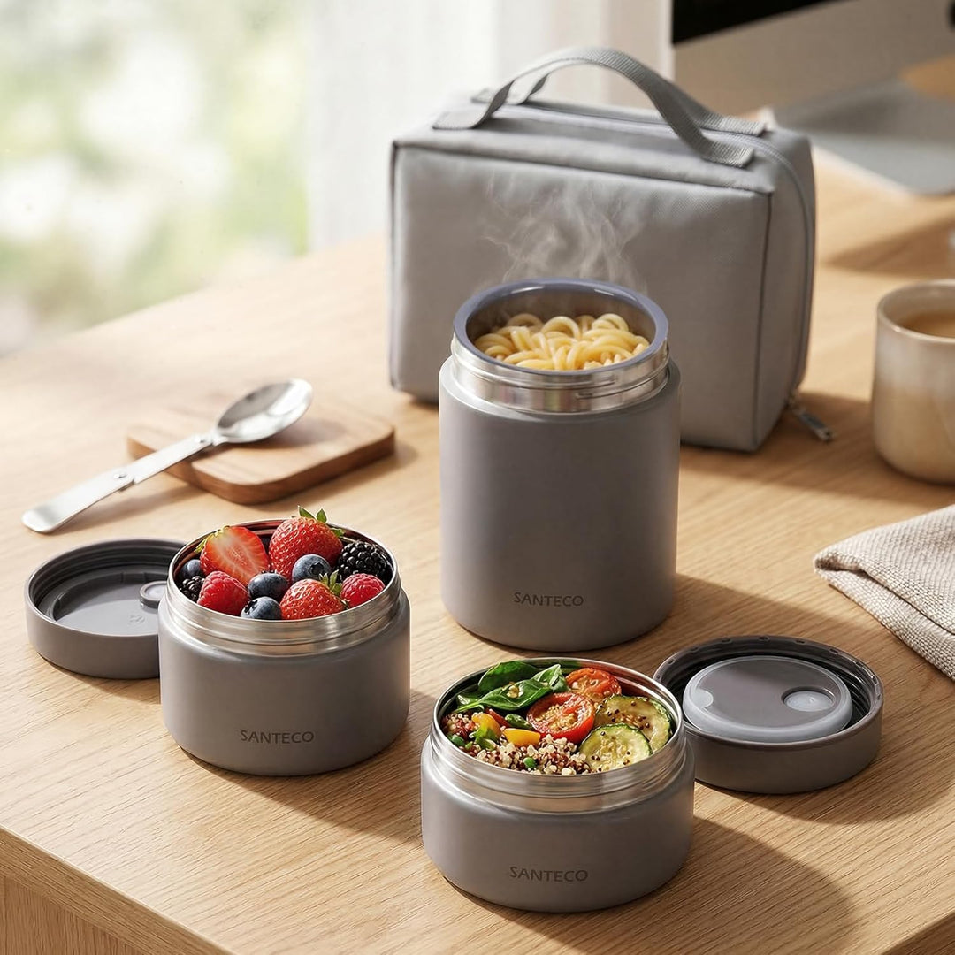 SANTECO Vakuumisolierter Suppen-Lunch-Set 1050ml - Isolierte Brotdose mit Löffel & Tragetasche - Sti