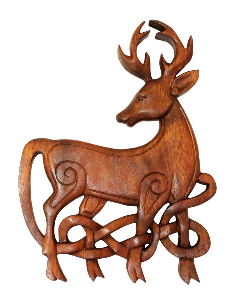 Windalf Wandbild KELTISCHER HIRSCH 26 cm links schauend Holzbild Handarbeit aus Holz