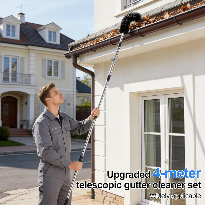 Dachrinnenreiniger 4M Teleskop, Dachrinnenbürste mit verstellbarem Edelstahl-Stiel und Schaber, 2-in