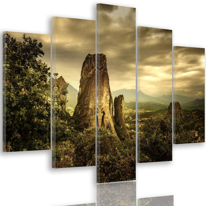 Feeby Leinwandbild 5 Teilig Landschaft Bild Wanddeko Berge Bäume Himmel bunt 150x100 cm Leinwandbild