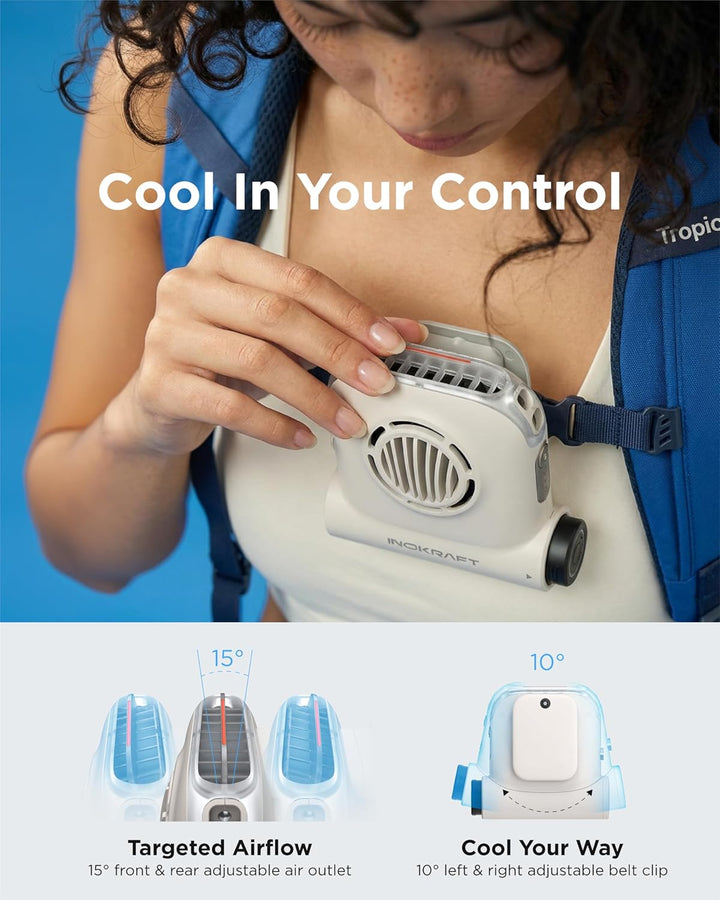 InoKraft Freihändiger Clip-Ventilator, tragbarer Ventilator mit 4Ah Wechselakku, 49 ft/s Turbo Fan,