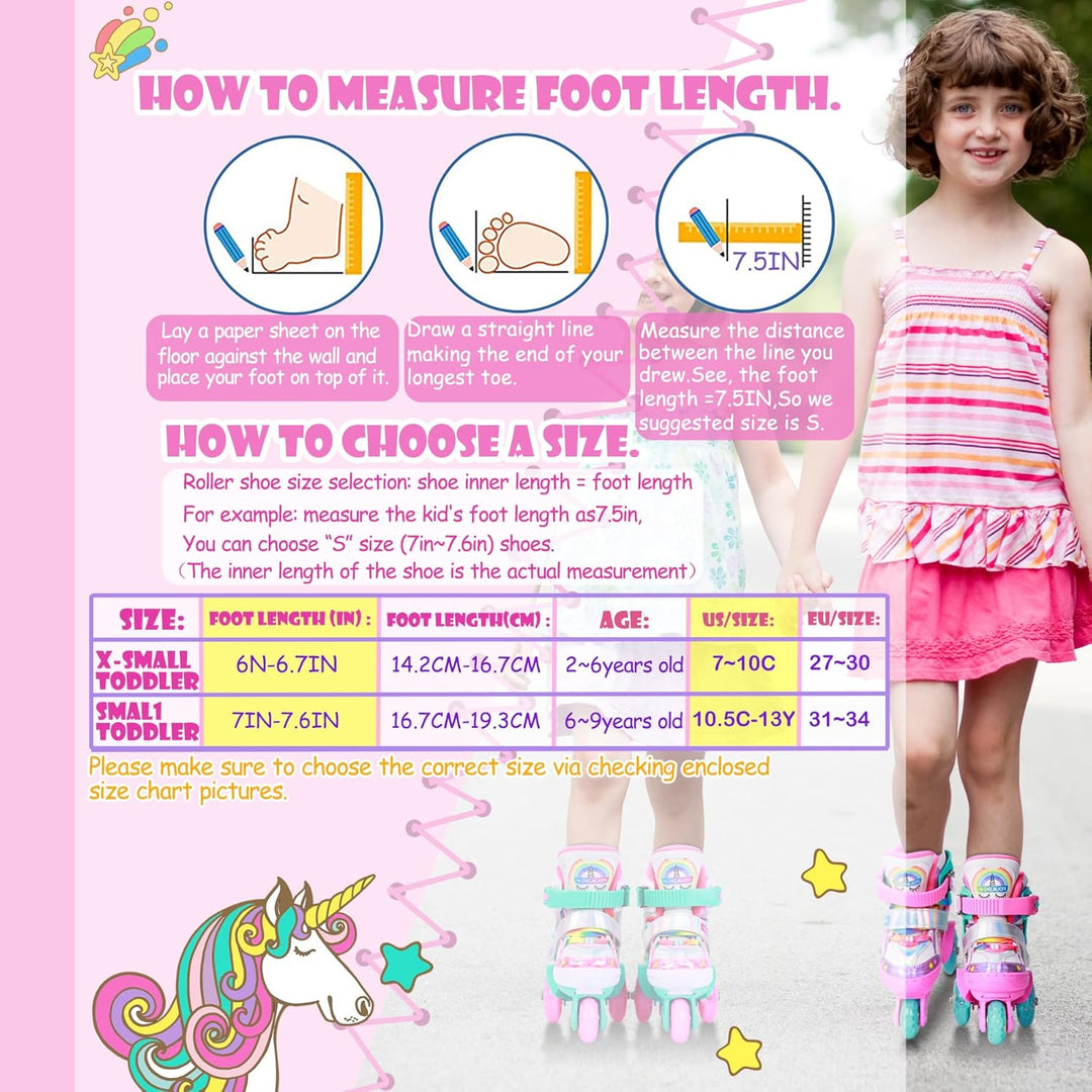 Kinder Einhorn Rollschuhe für Mädchen.Geeignet für 3-6 Jahre alt. Mit Leuchtenden Rädern,4-Pejiijar