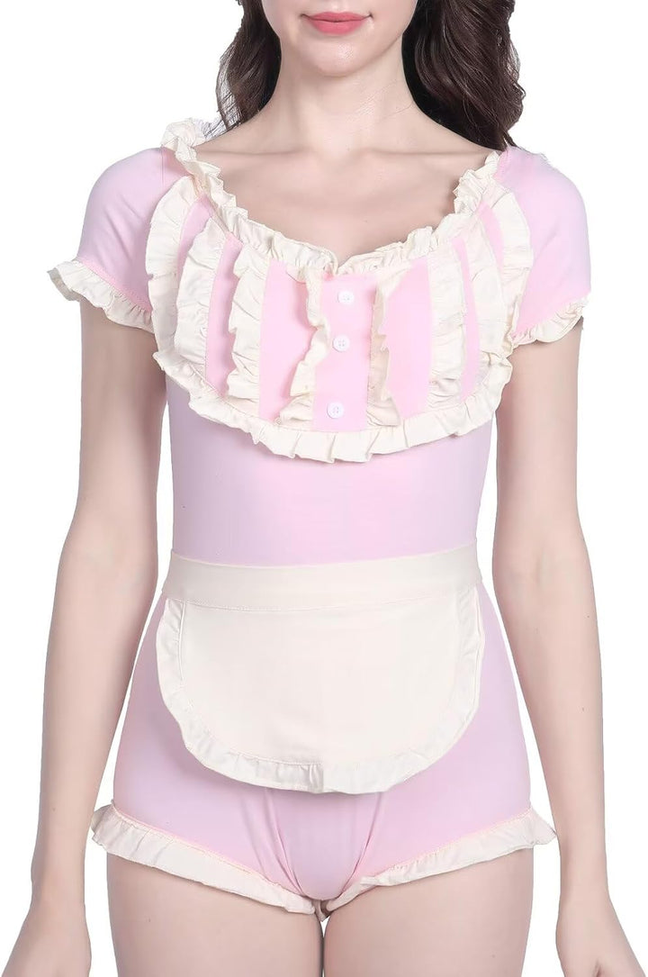 Landofgenie Damen Schwarz Langarm Baumwolle Bodysuit Onesie Pyjamas Maid Outfit Rosa L, Rosa L