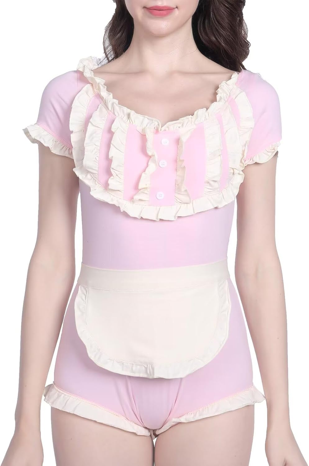 Landofgenie Damen Schwarz Langarm Baumwolle Bodysuit Onesie Pyjamas Maid Outfit Rosa L, Rosa L