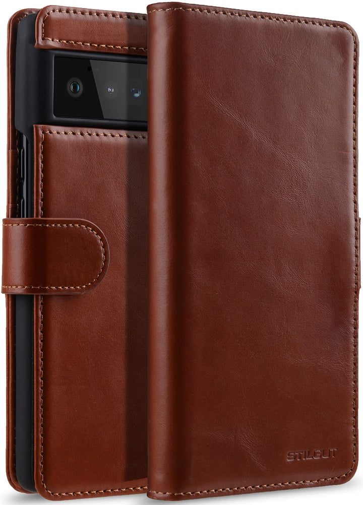 STILGUT Talis kompatibel mit Google Pixel 6 Pro Hülle mit Kartenfach aus Leder, Flip Cover, Wallet C