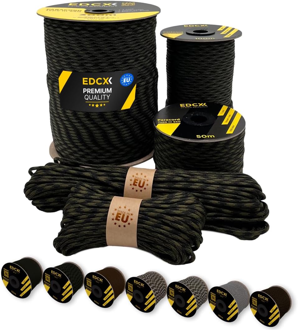 EdcX Paracord 4 mm, 20+ Militärfarben (15 m, 30 m, 50 m, 100 m, 300 m) | Ideal zum Basteln, Camping,
