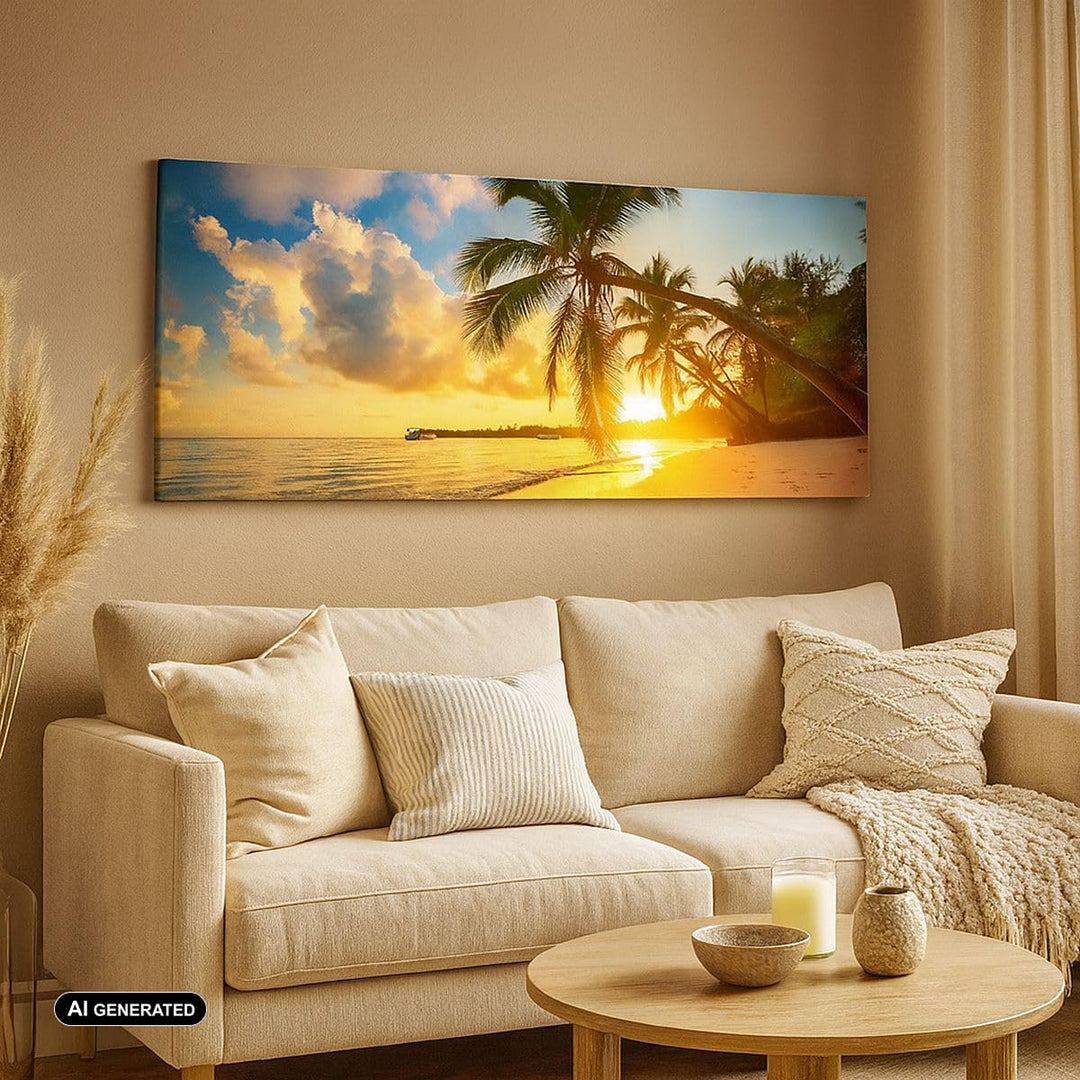 Wandbilder Dekoration Wohnzimmer Meer Strand Palme Panorama Bilder auf Leinwand 120x50cm Leinwandbil