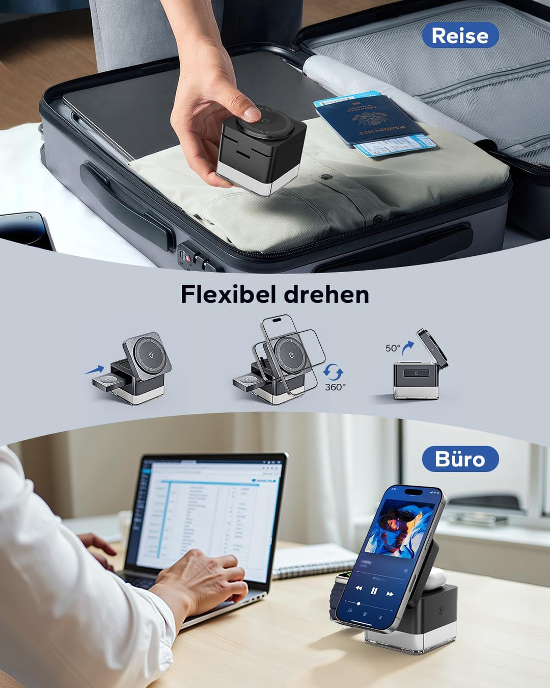 KPON Ladestation Apple Watch und iPhone für Magsafe, 3-in-1 Cube Induktive Ladestation mit Magsafe L