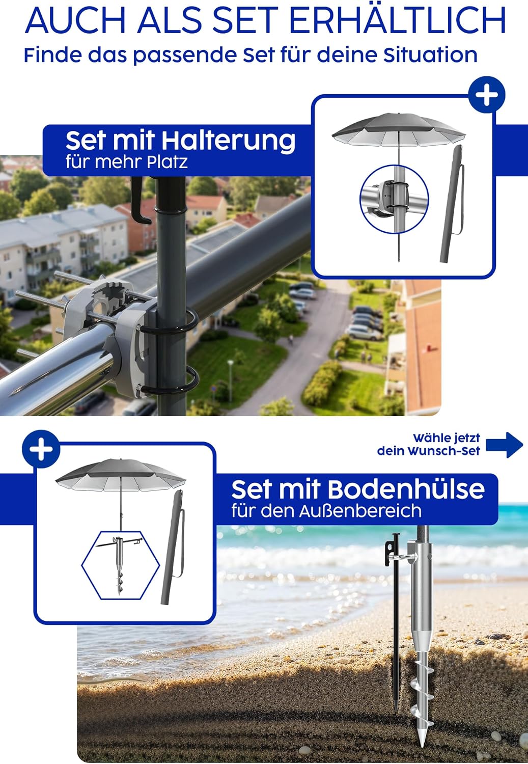 4smile Strandschirm SunnyJoy, Ø 180 cm - UPF 50+ Sonnenschirm Strand mit Hülle, Sonnenschirm Balkon