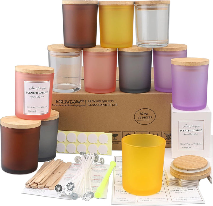 MILIVIXAY 12 Stück 284 ml bunte Glaskerzengläser mit Deckel und Kerzenherstellungs-Kits – leere Kerz
