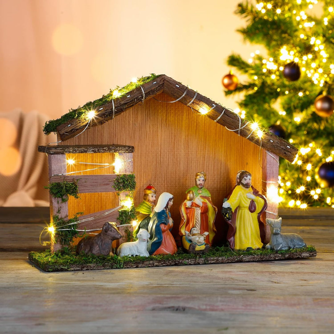 LED Weihnachtskrippe Holz Krippenstall beleuchtet Figuren Krippenfiguren Deko