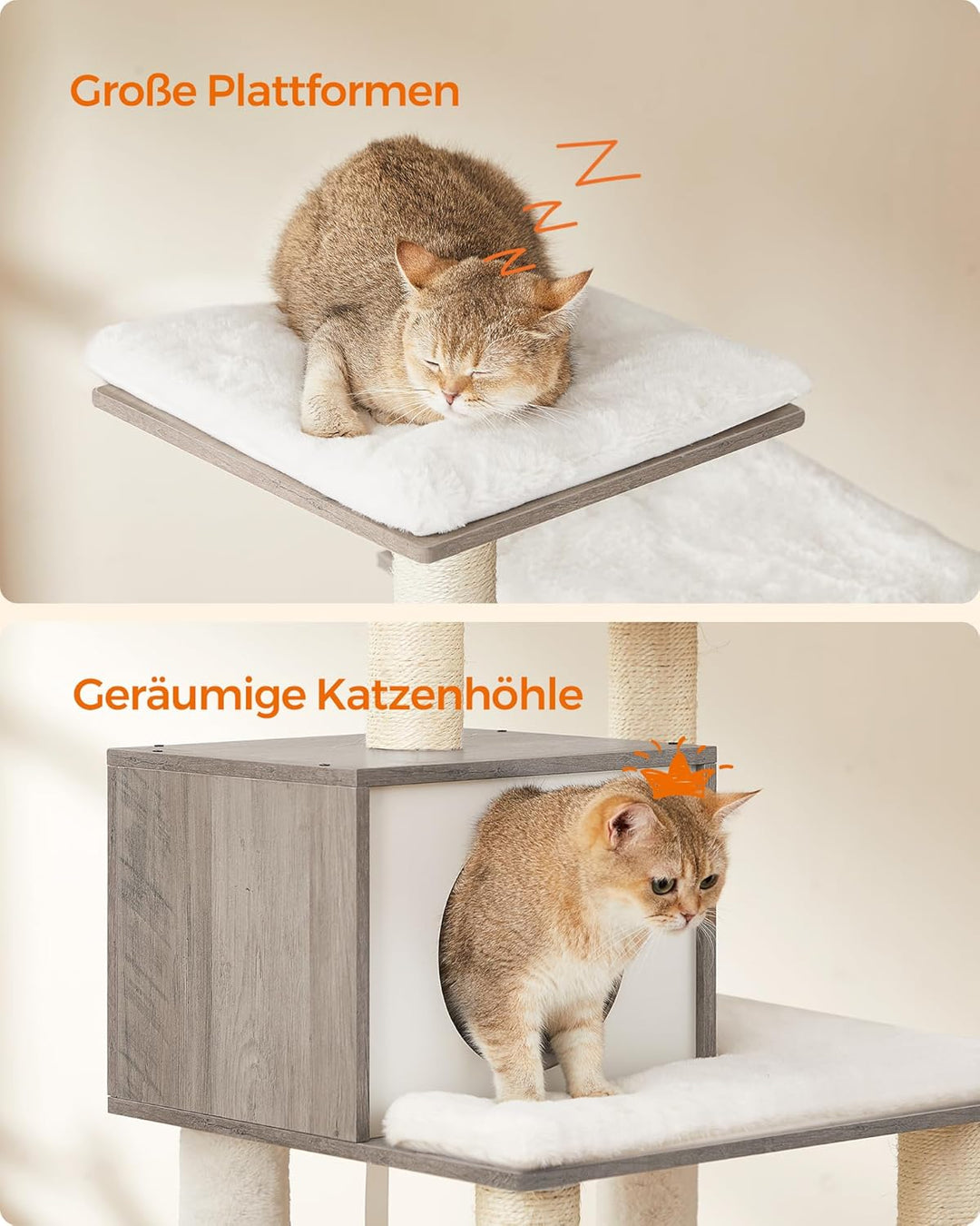 Feandrea Kratzbaum, 138 cm Katzenbaum, modern, mehrstöckiger Katzenkratzbaum, Kuschelhöhle, Sisalstä