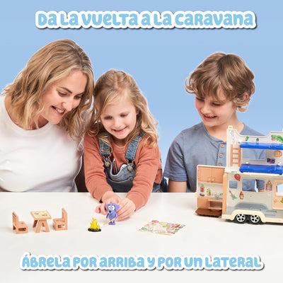 Bluey - Campervan, Urlaub Wohnwagen Spielzeug, 1 bewegliche Figur der Serie, 6 Campingzubehör und de