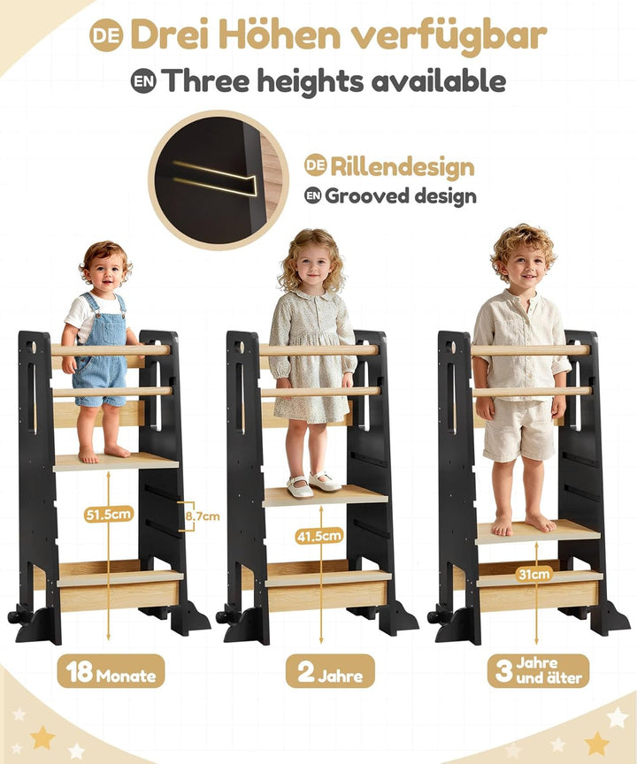 Yorbay Lernturm ab 1 Jahr: 3-Fach Höhenverstellbar Montessori Lernturm mit Kippschutz - Massiv und S