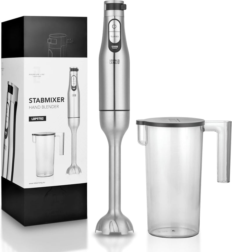 LEBENLANG Premium 1200W Stabmixer Edelstahl - Inkl. 1000ml Messbecher & Spritzschutz I Stufenlos ver