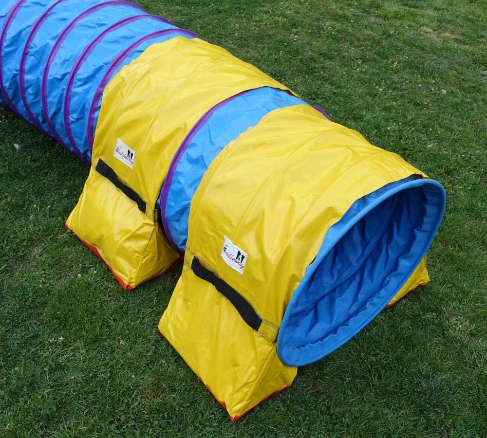 Callieway Premium Dog Agility Tunnel Sandsack - (2er Pack) gelb-blau mit Gumminoppen Stoppermatte fü