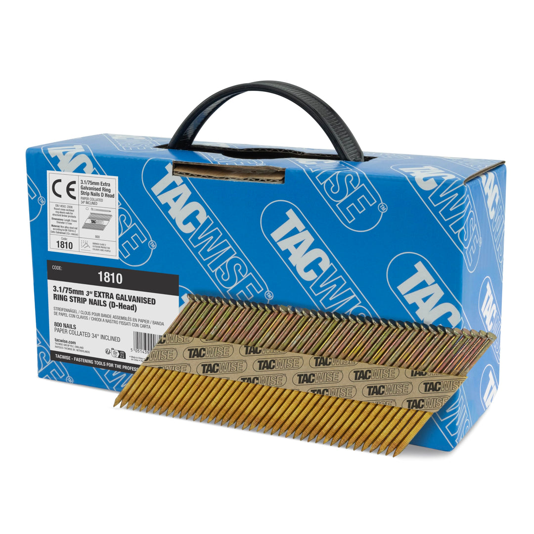 Tacwise 1810 Extra Verzinkte Rahmennägel 3,1/75 mm, D‘-Kopf, Ringschaft, mit 34° Neigung, Papiergebu