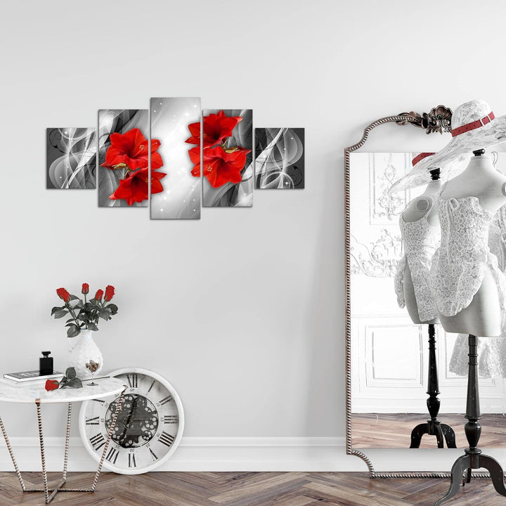 Runa Art Wandbilder Blumen Lilien 5 Teilig Bild auf Vlies Leinwand Deko Wohnzimmer Abstrakt Grau Rot