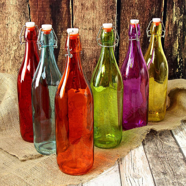 Bunte Glasflaschen mit Bügelverschluss, 1 l, Set mit 6 Stück, Rot, Blau, Orange, Grün, Gelb, Lila