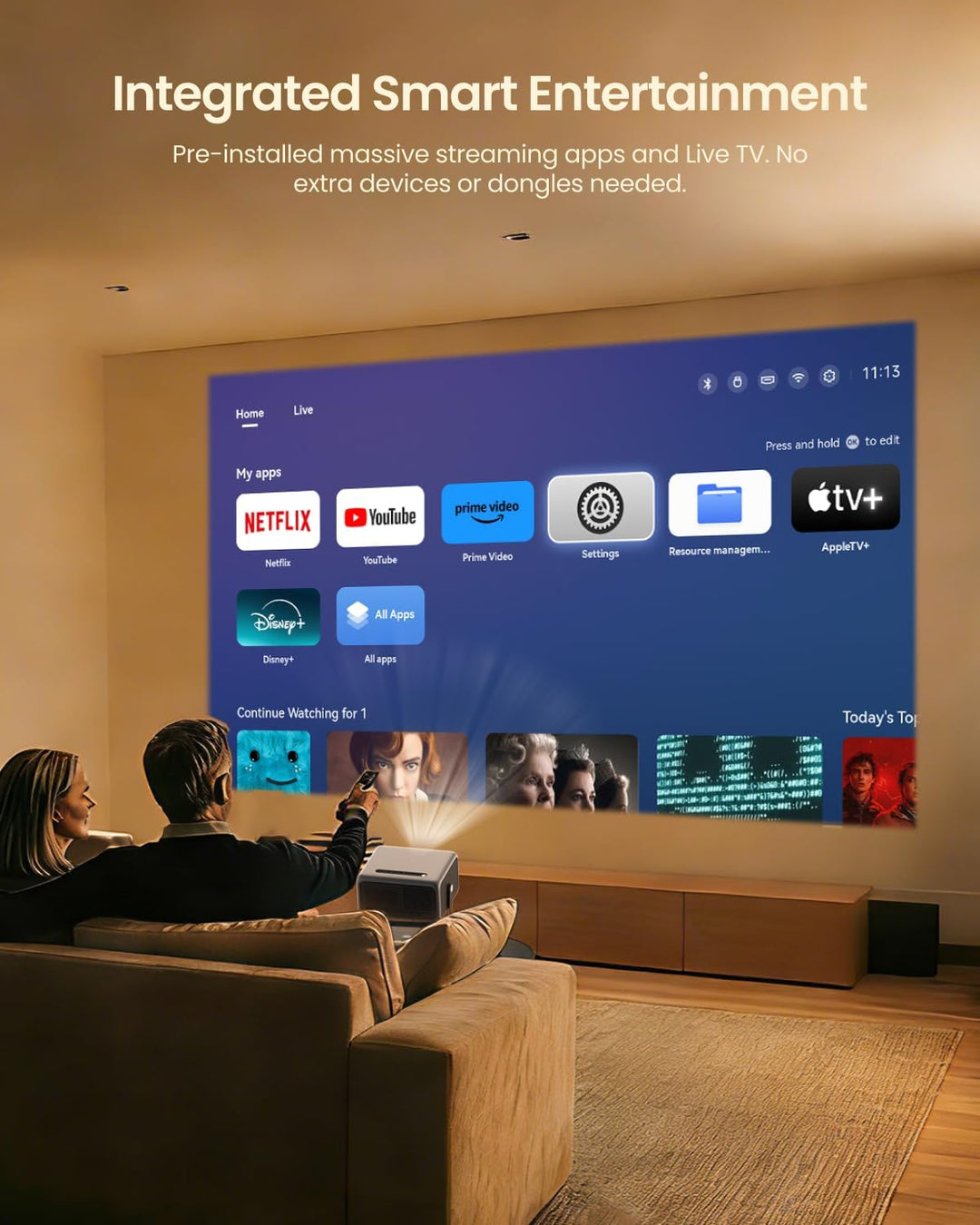 4K Beamer Heimkino 1500 ANSI Lumen Tageslicht Smart Projektor mit Apps, ToF Autofokus &amp; Trapezkorrek