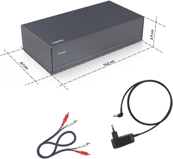 Hama Stereo Phono-Vorverstärker PA 506 (für Plattenspieler, inkl. Netzadapter 230V/50Hz, 3000mA, Cin