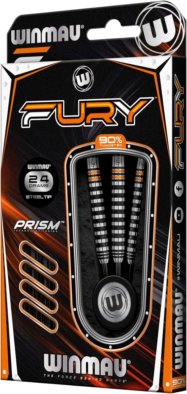 WINMAU Fury 24 Gramm Profi Wolfram Steeltip Dartpfeile Set mit Flights und Schäfte