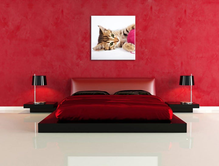 Kätzchen mit Wollknäul, Format: 70x70 auf Leinwand, XXL riesige Bilder fertig gerahmt mit Keilrahmen