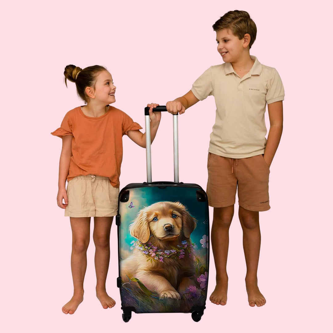 Koffer gross Trolley Rollkoffer Reisekoffer mit 4 Rollen Fotokoffer - Welpe - Blumenkranz - Schmette