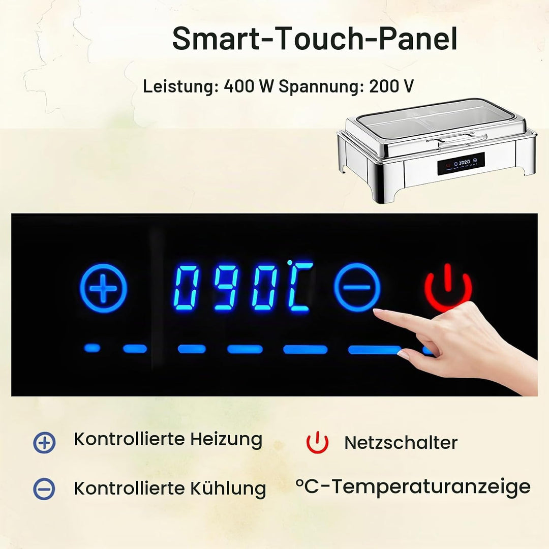 Elektrischer Chafing Dish Glasdeckel, 9L Edelstahl(1/3 Pan) | Speisewärmer Buffetwärmer Elektrisch E