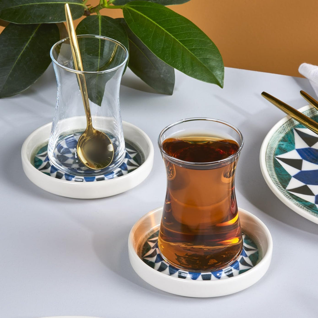 KARACA Roman 12 tlg. Keramik Teeset 10 cm - Elegantes Tee Service-Set mit 6 Teegläsern und 6 Teetell