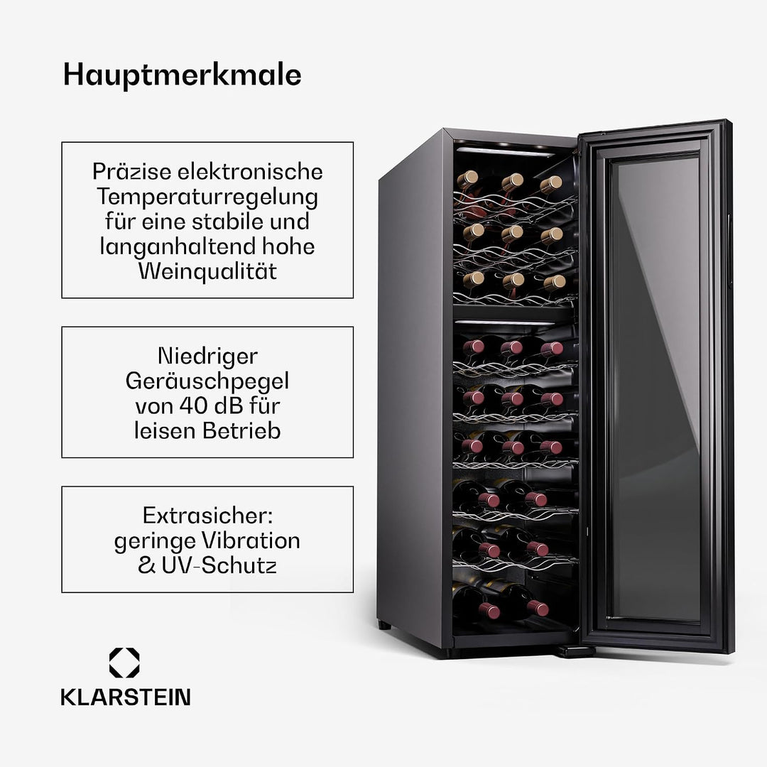 Klarstein Shiraz Weinkühlschrank Schwarz – 24 Flaschen, 2 Zonen | Getränkekühlschrank mit Glastür, f