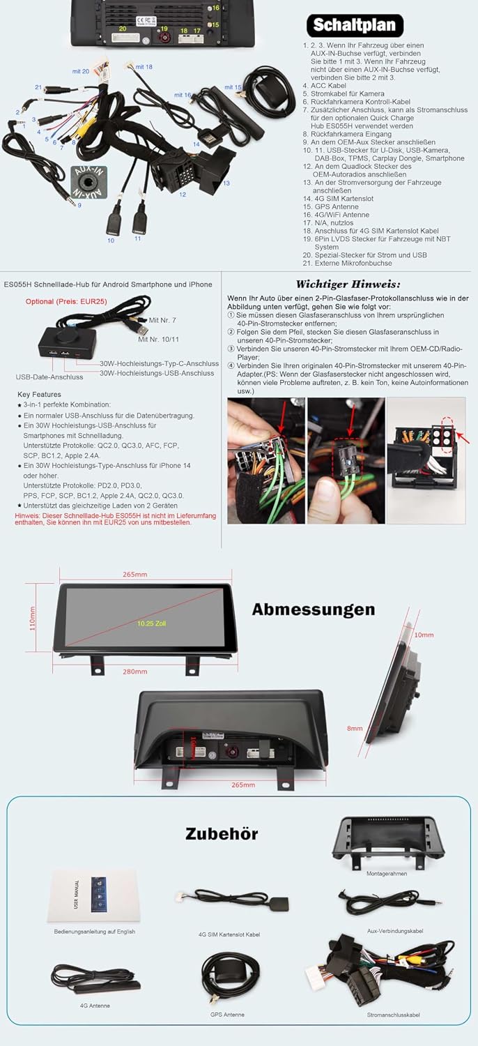 Erisin 10.25 Zoll 8-Kern 4GB+64GB Android 14 Autoradio mit GPS Navigation für BMW 1er F20 F21 2er F2