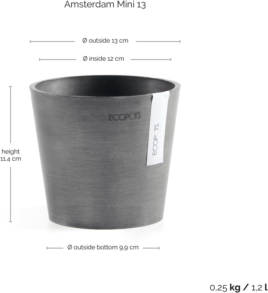 Ecopots Blumentopf Amsterdam Hell Grau - Durchmesser Ø 13 cm rund klein - Pflanzentopf aus Recycling