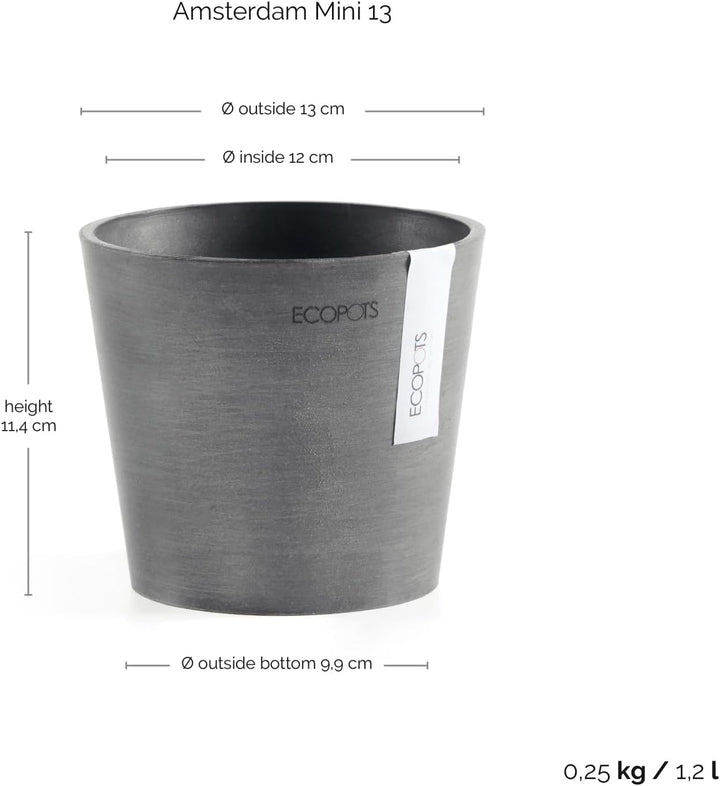 Ecopots Blumentopf Amsterdam Hell Grau - Durchmesser Ø 13 cm rund klein - Pflanzentopf aus Recycling