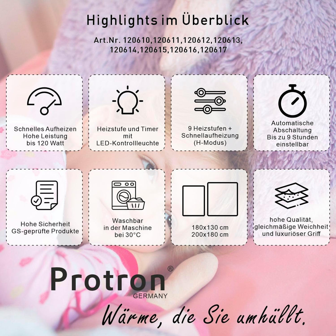 Protron Elektrische Wärmedecke Wärmebett Kuscheldecke mit Abschaltautomatik, 9 Heizstufen, LED Überh