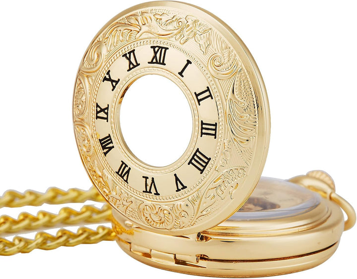 TREEWETO Unisex Taschenuhr mit Kette Analog Handaufzug Doppelscharnier Römische Ziffern Gold/Silber