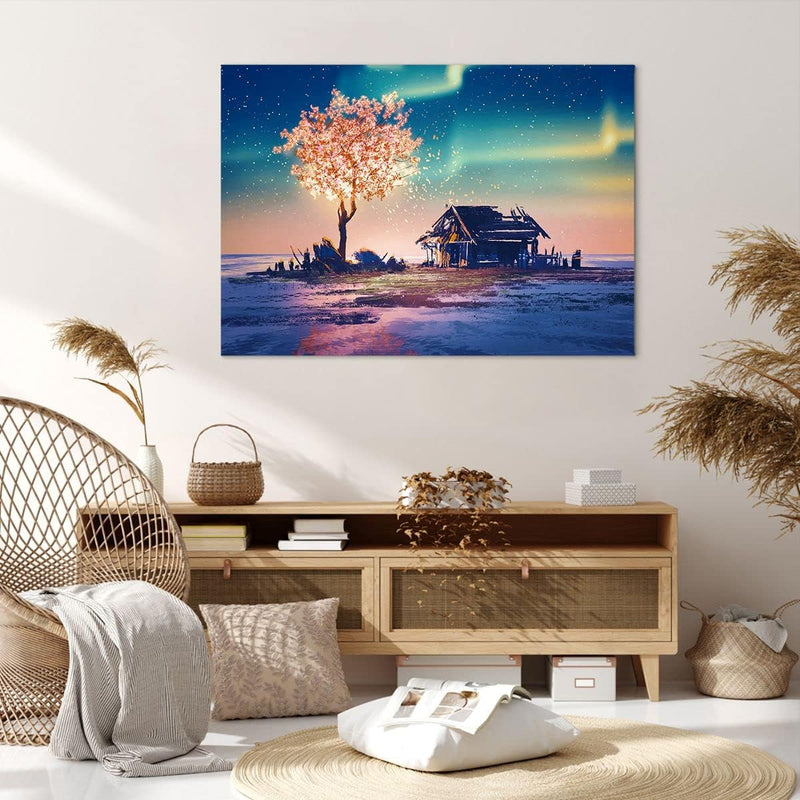 ARTTOR Bilder auf Leinwand 100x70cm Leinwandbild Baum Haus Nacht Sterne Gross Wanddeko Bild Schlafzi