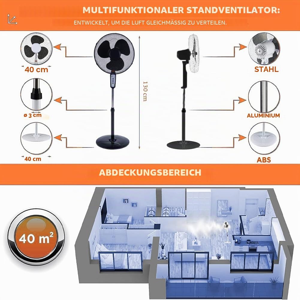 BAKAJI Standventilator mit Fernbedienung, Leistung 50 W, 3 Geschwindigkeiten, 40 cm, Höhe und Neigun