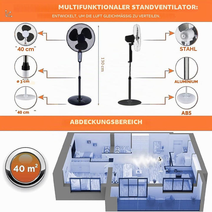BAKAJI Standventilator mit Fernbedienung, Leistung 50 W, 3 Geschwindigkeiten, 40 cm, Höhe und Neigun