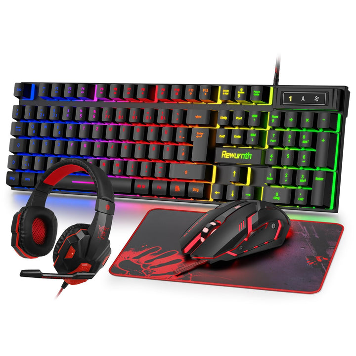 Gaming Tastatur und Maus Set mit Headset, QWERTZ DE Layout, RGB Beleuchtete Tastatur, 4 Farben LED G