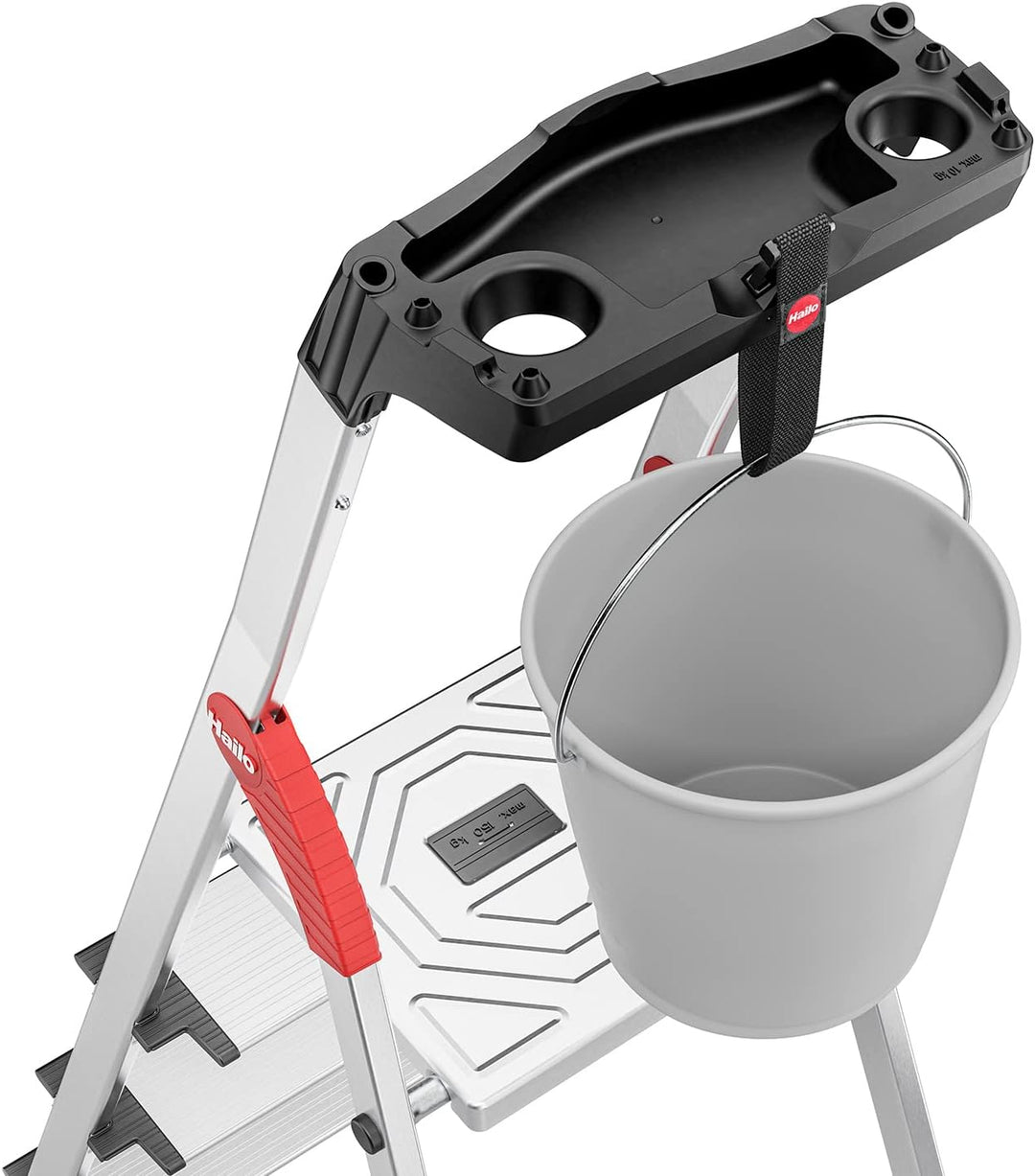 Hailo Stehleiter ComfortLine, 4 XXL-Stufen bis 150 kg, kleine Leiter aus Aluminium mit Ablage & tief