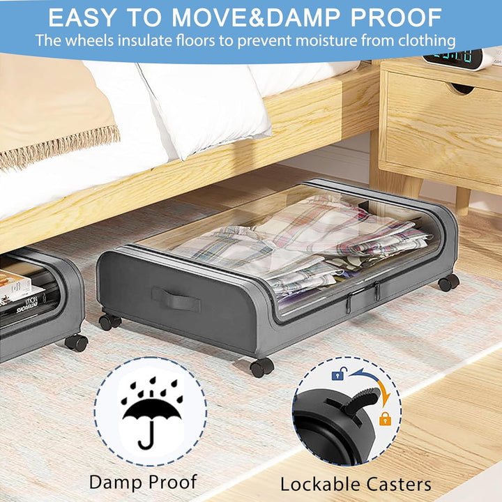 Unterbett Aufbewahrungsbox 2 Stück Unterbettkommode mit Rollen Deckel 48L Metallrahmen Bettkasten Or