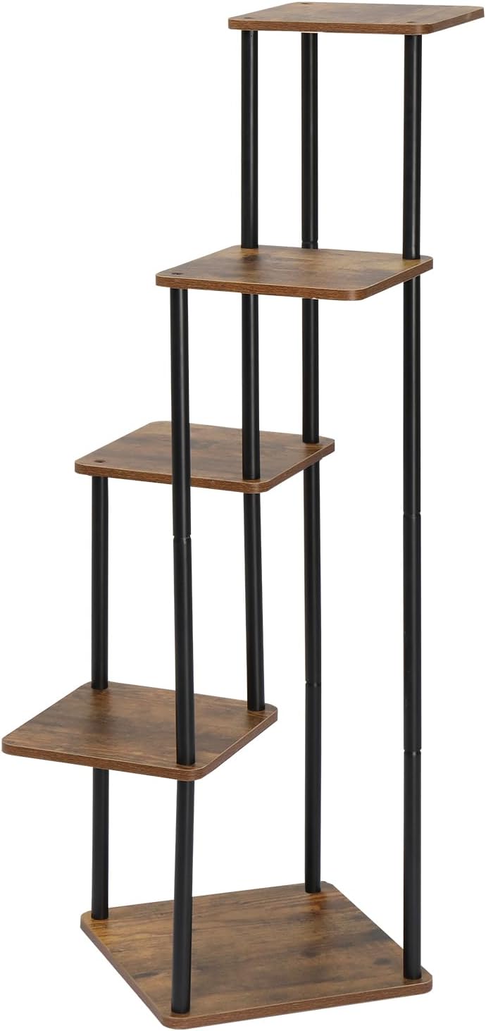 LEADZM 5 Etagen Pflanzenständer Blumenständer, Metall Holz Blumenhocker Blumentreppe Blumenregal, Bl