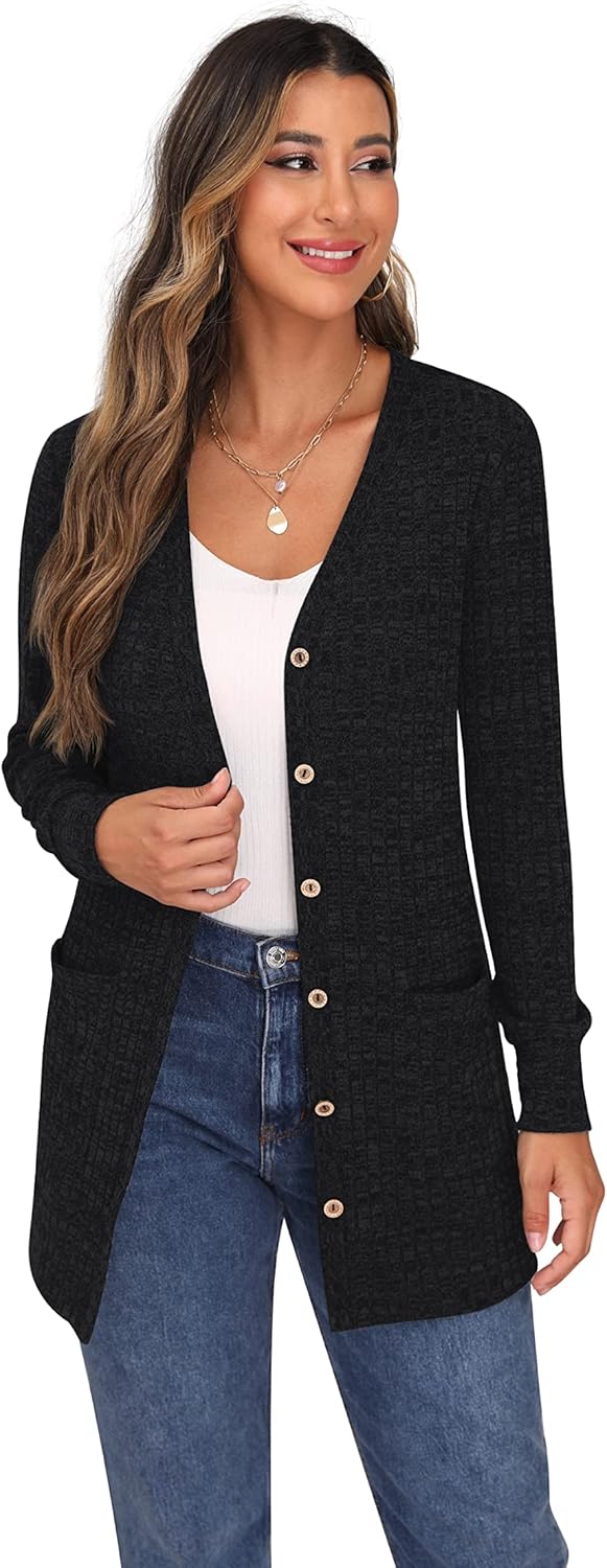 GRECERELLE Damen Leichte Strickjacke Lang mit Taschen und Knöpfen Long Elegant Cardigan V-Ausschnitt