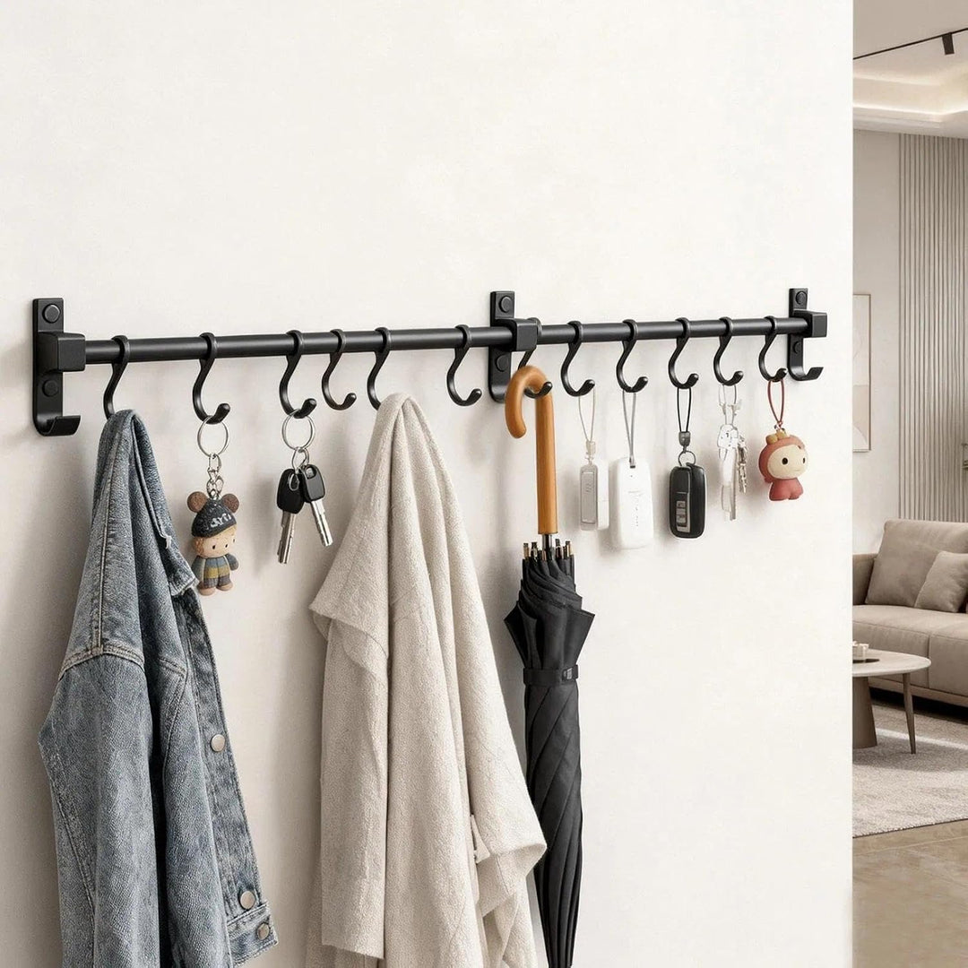 80 cm Stange für Küchenutensilien – Aluminium Hakenleiste mit 12 beweglichen Haken, Schwarz – Küchen
